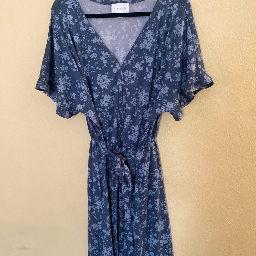 French Grey Blue and White Flutter Sleeve Midi Dress